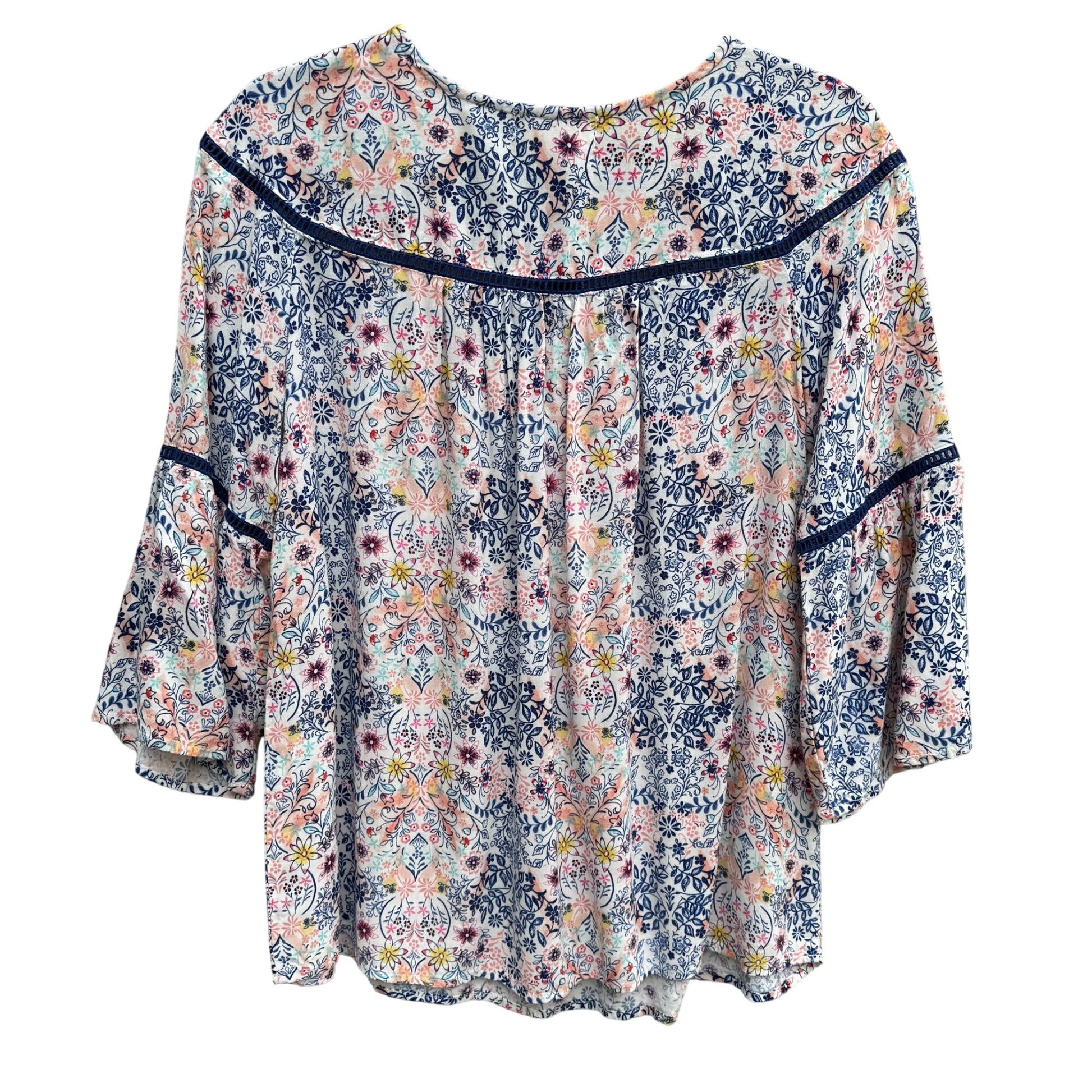 Kandy Kiss Womens Blue Pink Floral Boho 3/4 Bell Sleeve Tassel Detail Blouse XL