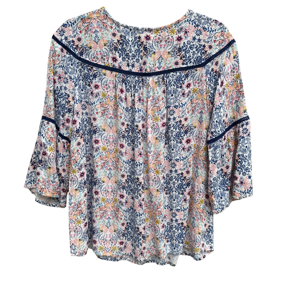 Kandy Kiss Womens Blue Pink Floral Boho 3/4 Bell Sleeve Tassel Detail Blouse XL