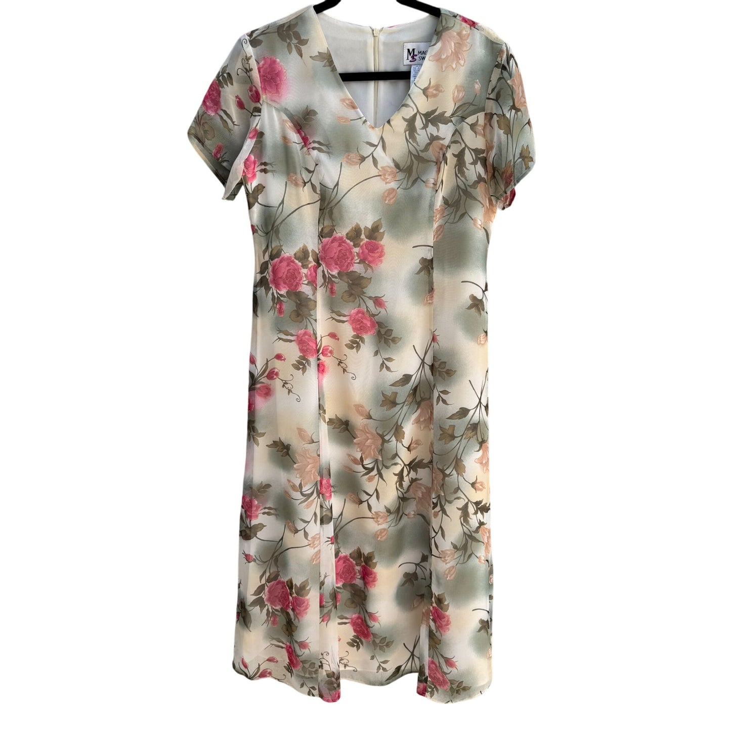 Maggie Sweet Vintage Womens Floral Chiffon V-Neck Short Sleeve Midi Dress PS