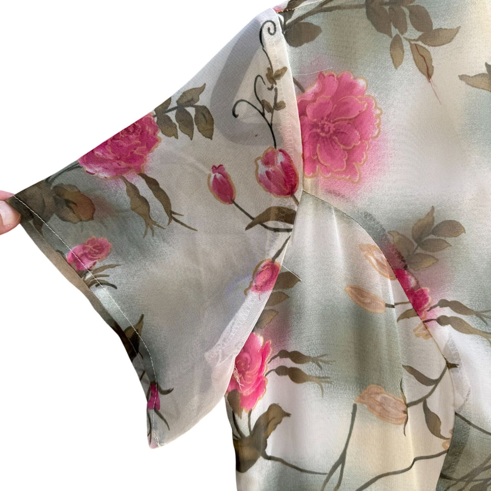 Maggie Sweet Vintage Womens Floral Chiffon V-Neck Short Sleeve Midi Dress PS