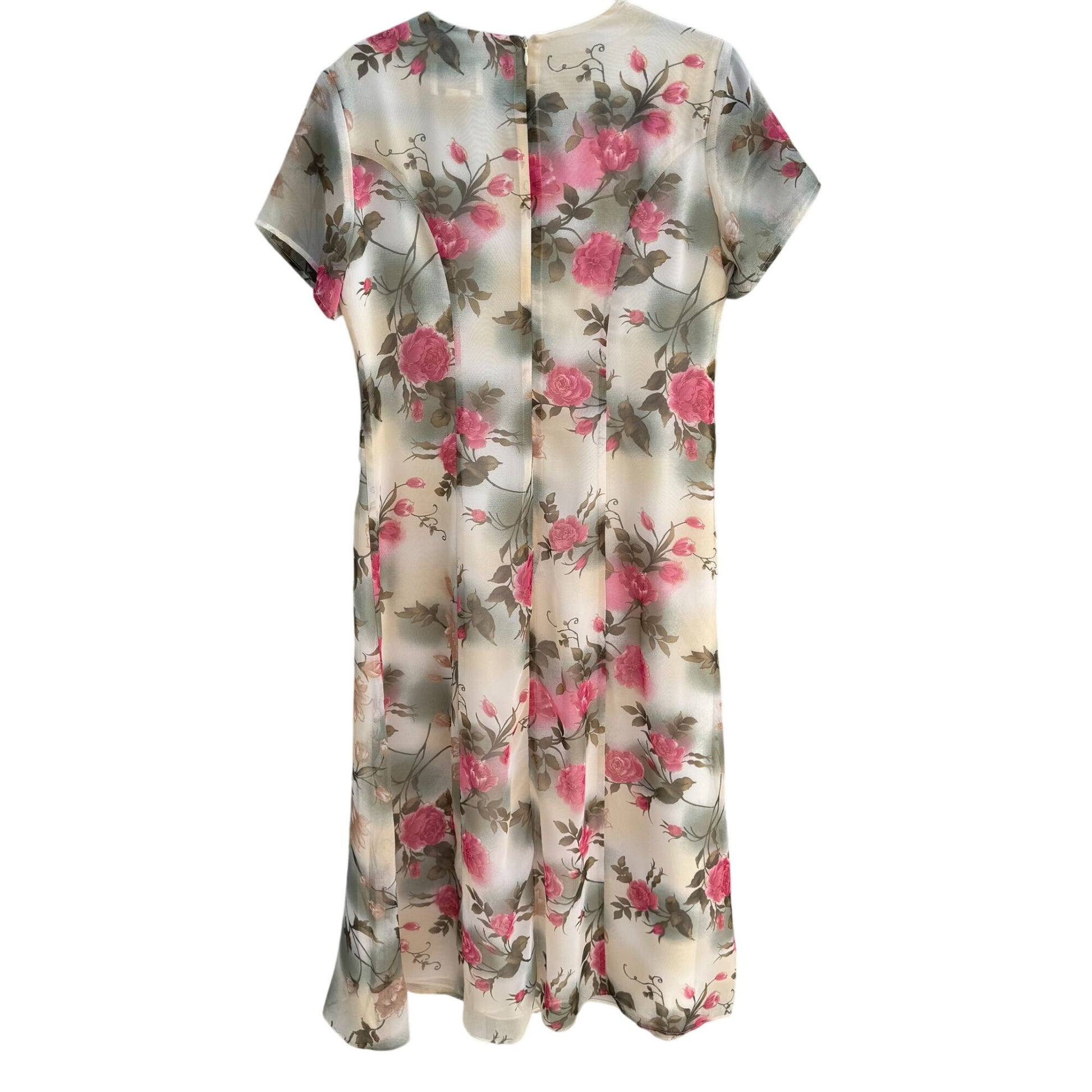 Maggie Sweet Vintage Womens Floral Chiffon V-Neck Short Sleeve Midi Dress PS