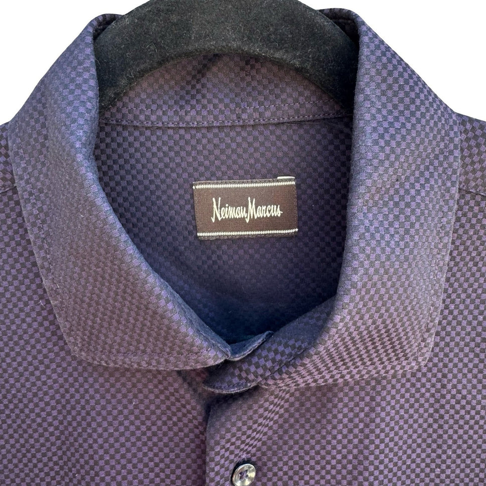 Neiman Marcus Purple Micro Check Quiet Luxury Cotton Old Money Shirt Mens L