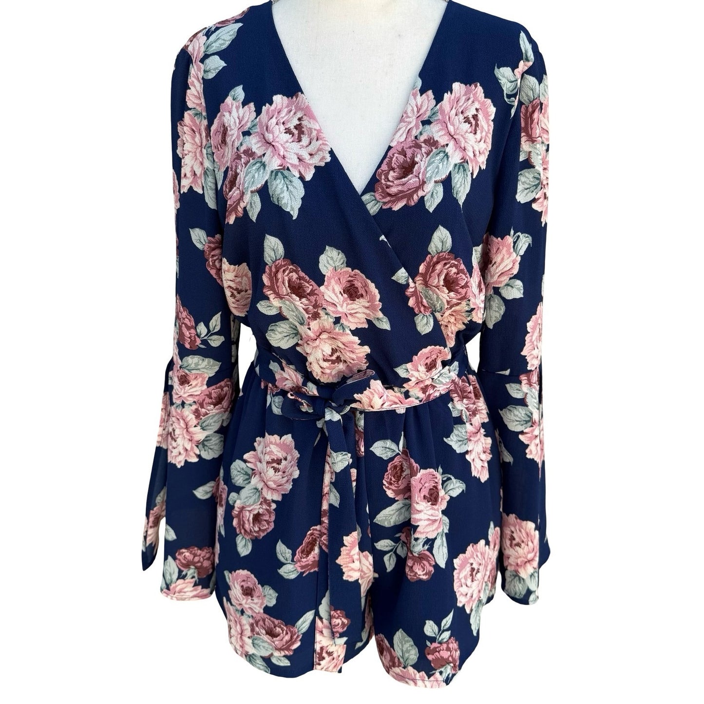 Lily Rose Navy Floral Long Sleeve Split Cuff Romper S Cottage Romantic Boho