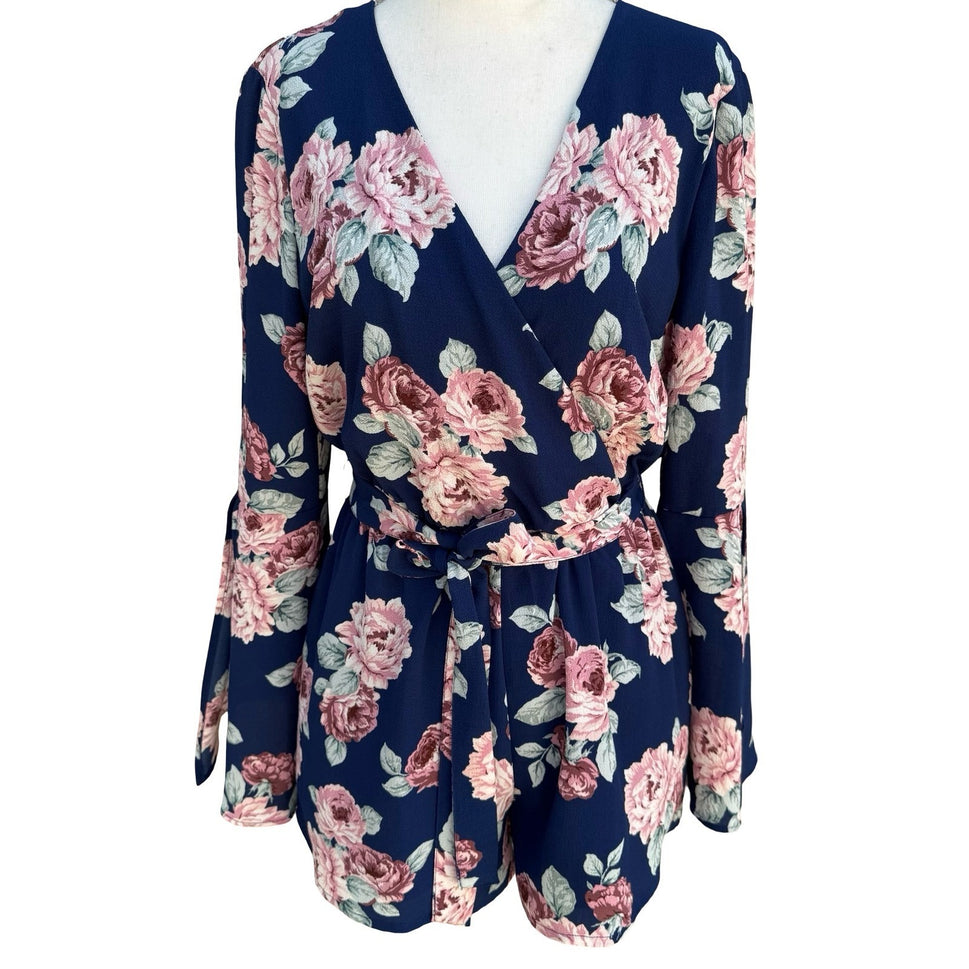 Lily Rose Navy Floral Long Sleeve Split Cuff Romper S Cottage Romantic Boho