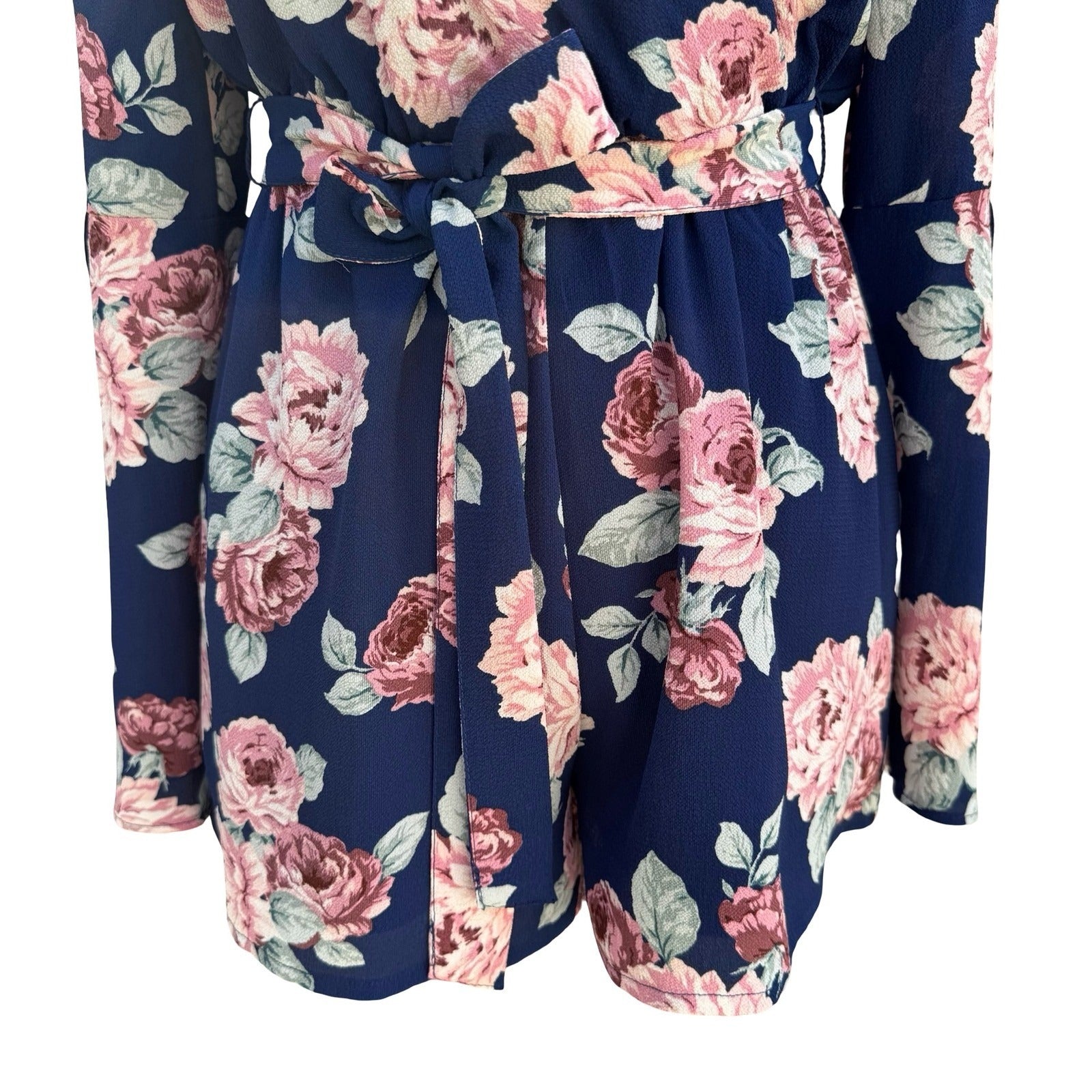 Lily Rose Navy Floral Long Sleeve Split Cuff Romper S Cottage Romantic Boho