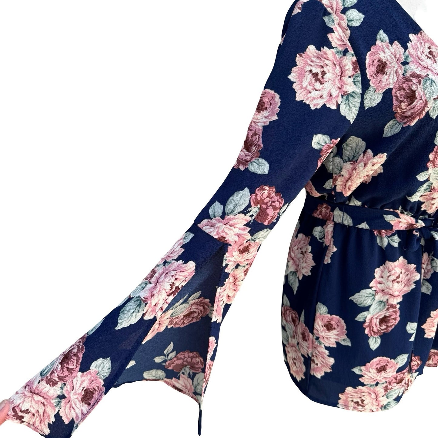 Lily Rose Navy Floral Long Sleeve Split Cuff Romper S Cottage Romantic Boho