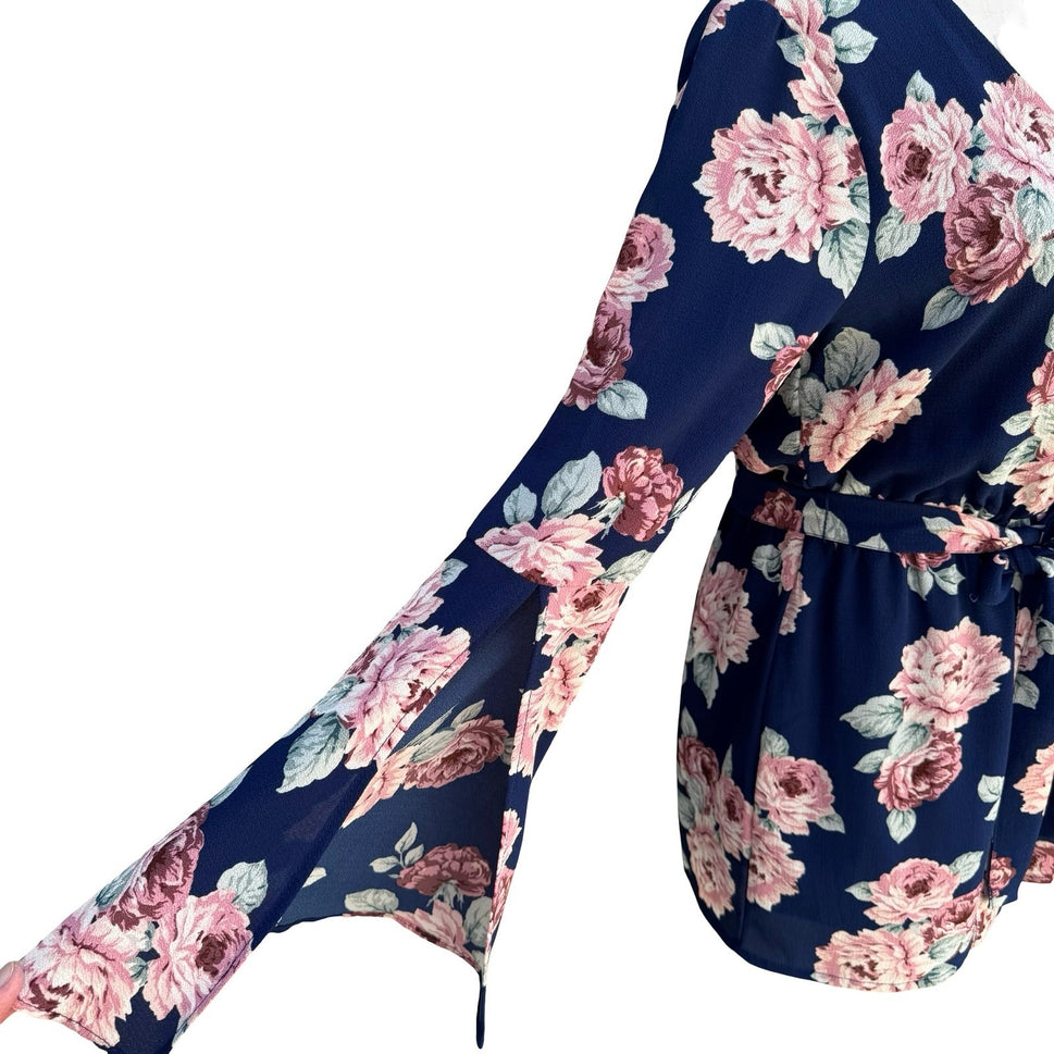 Lily Rose Navy Floral Long Sleeve Split Cuff Romper S Cottage Romantic Boho