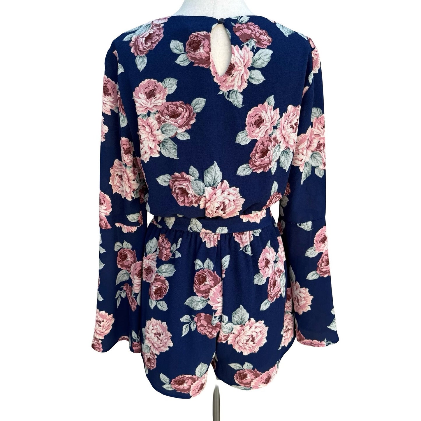 Lily Rose Navy Floral Long Sleeve Split Cuff Romper S Cottage Romantic Boho