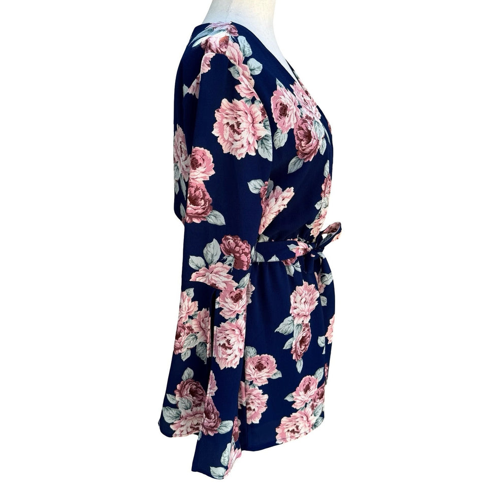 Lily Rose Navy Floral Long Sleeve Split Cuff Romper S Cottage Romantic Boho
