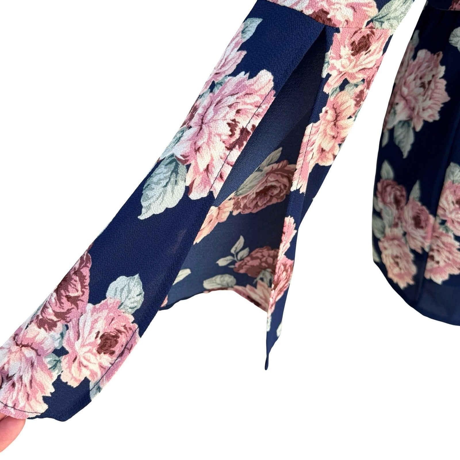Lily Rose Navy Floral Long Sleeve Split Cuff Romper S Cottage Romantic Boho