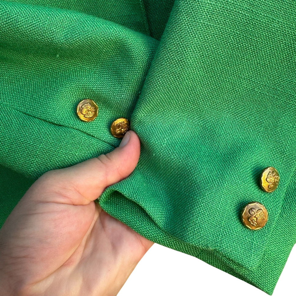 Vintage Womens Green Linen Preppy Decorative Gold Buttons Blazer Jacket Retro M
