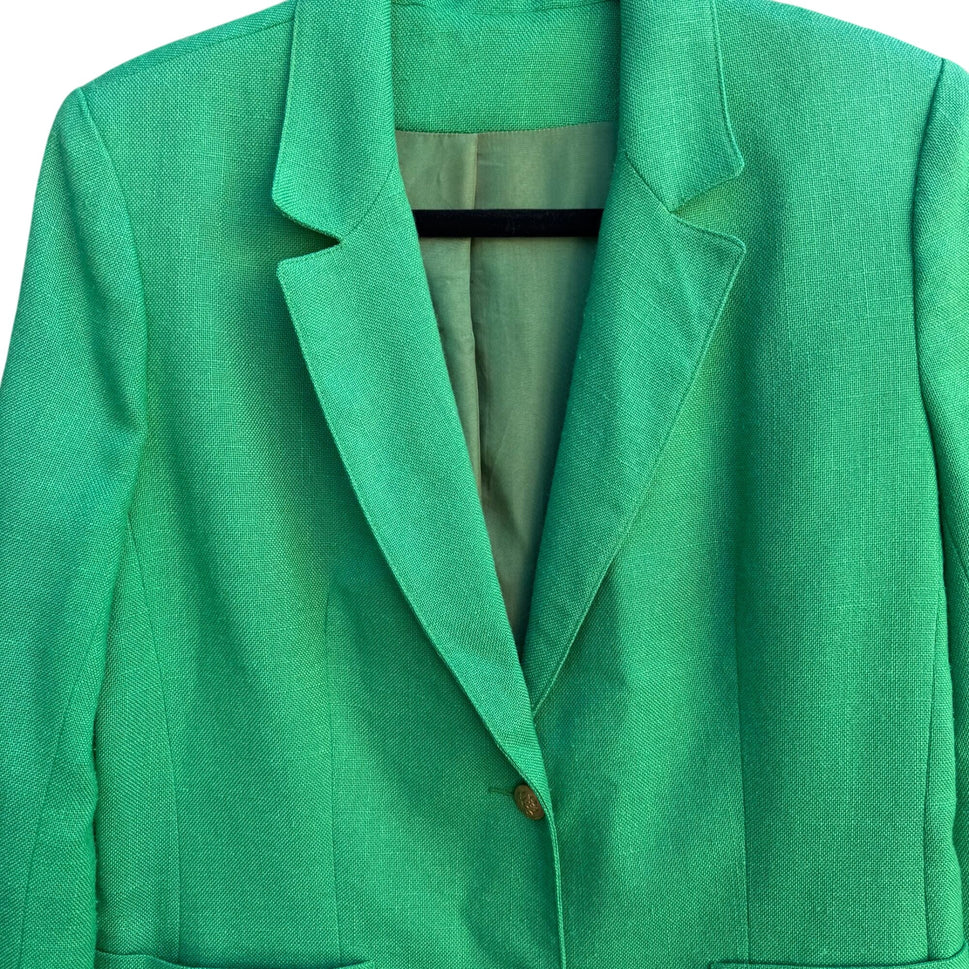 Vintage Womens Green Linen Preppy Decorative Gold Buttons Blazer Jacket Retro M