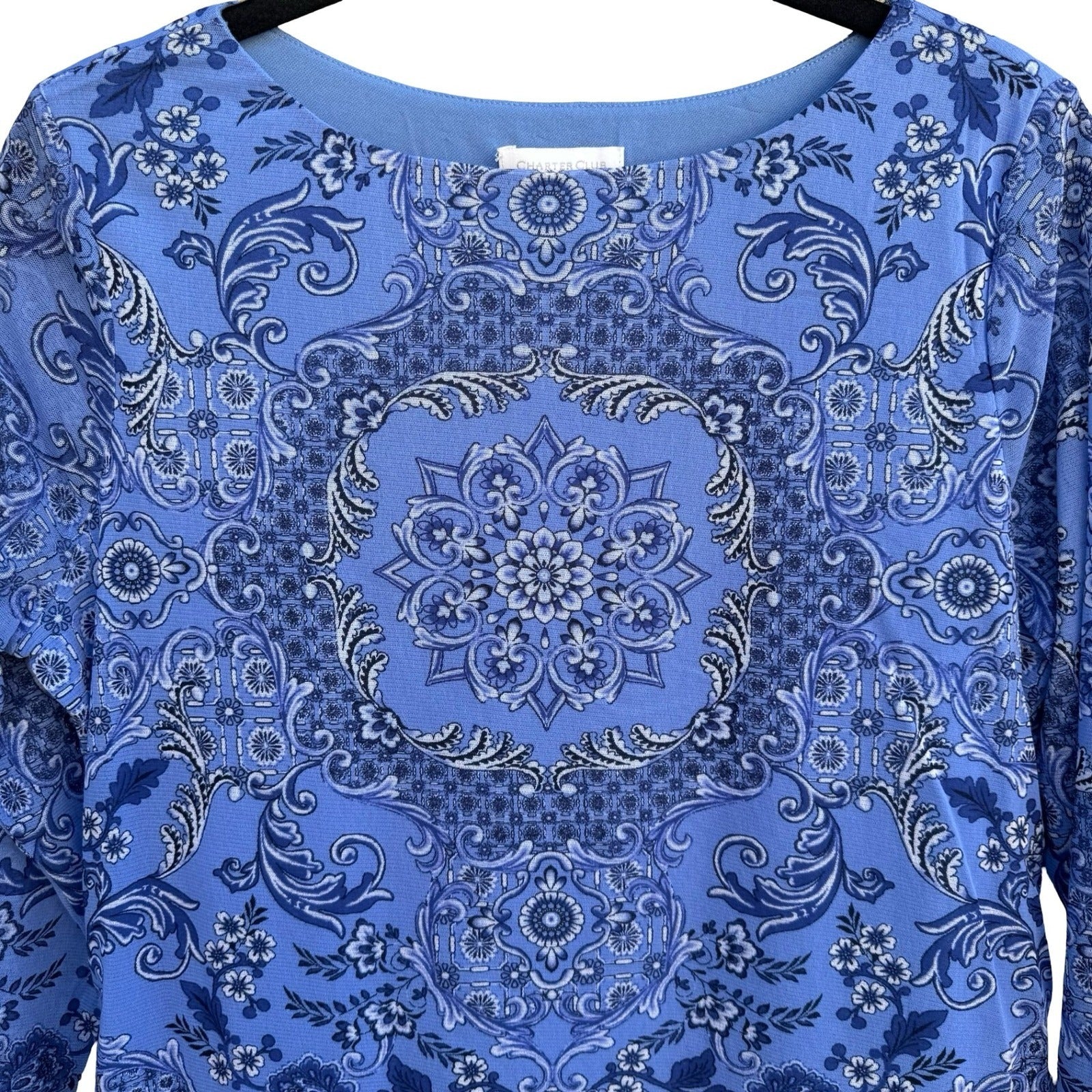 Charter Club Blue Medallion Paisley Mesh 3/4 Sleeve Top PL Boho Preppy Coastal