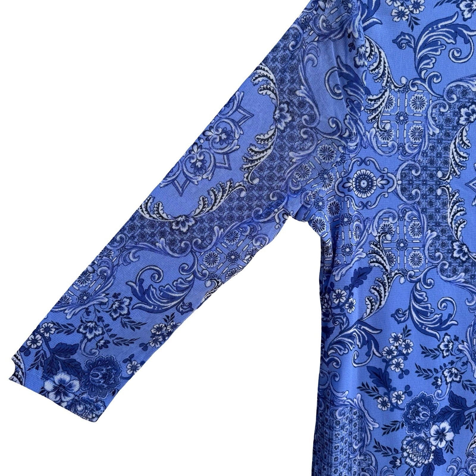 Charter Club Blue Medallion Paisley Mesh 3/4 Sleeve Top PL Boho Preppy Coastal