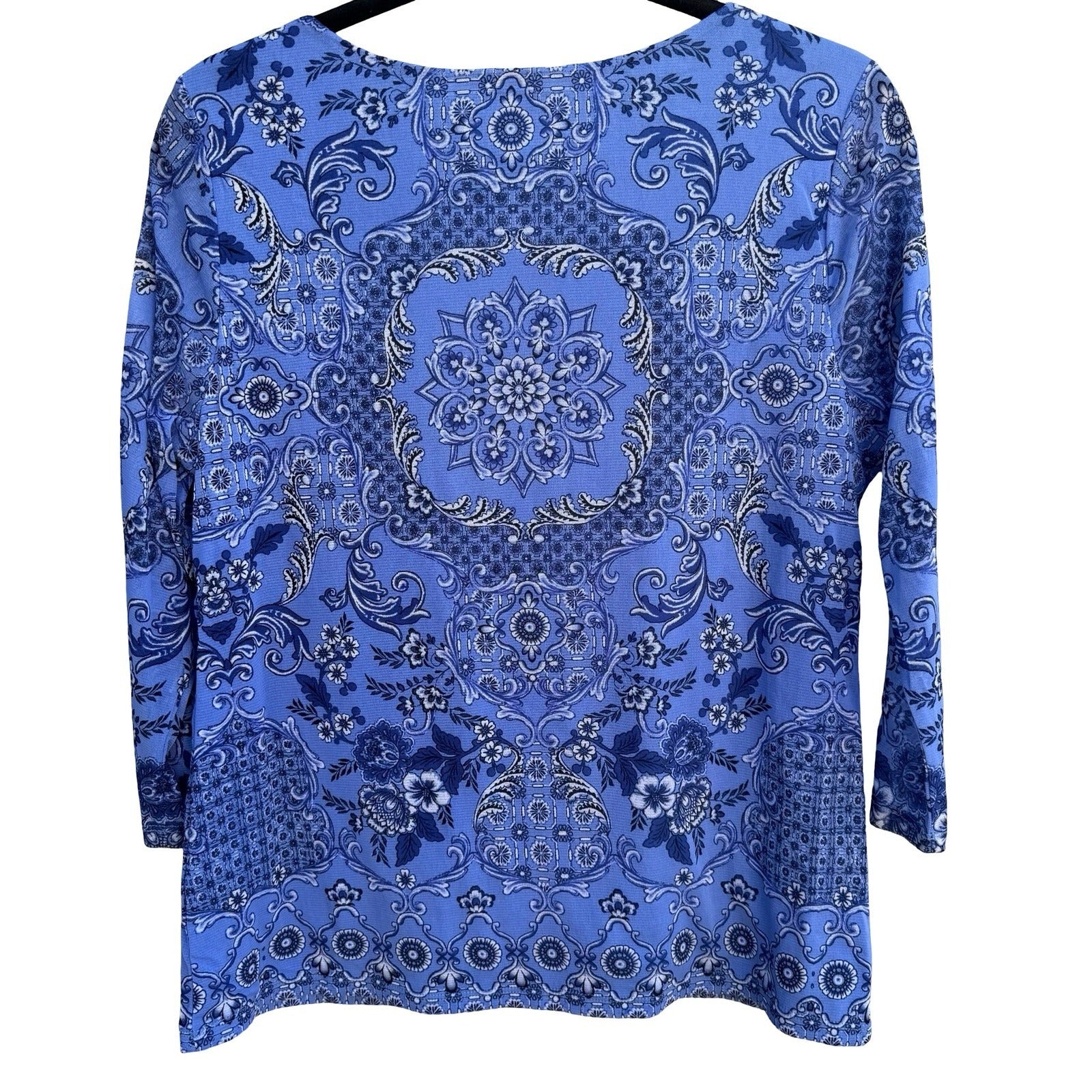 Charter Club Blue Medallion Paisley Mesh 3/4 Sleeve Top PL Boho Preppy Coastal