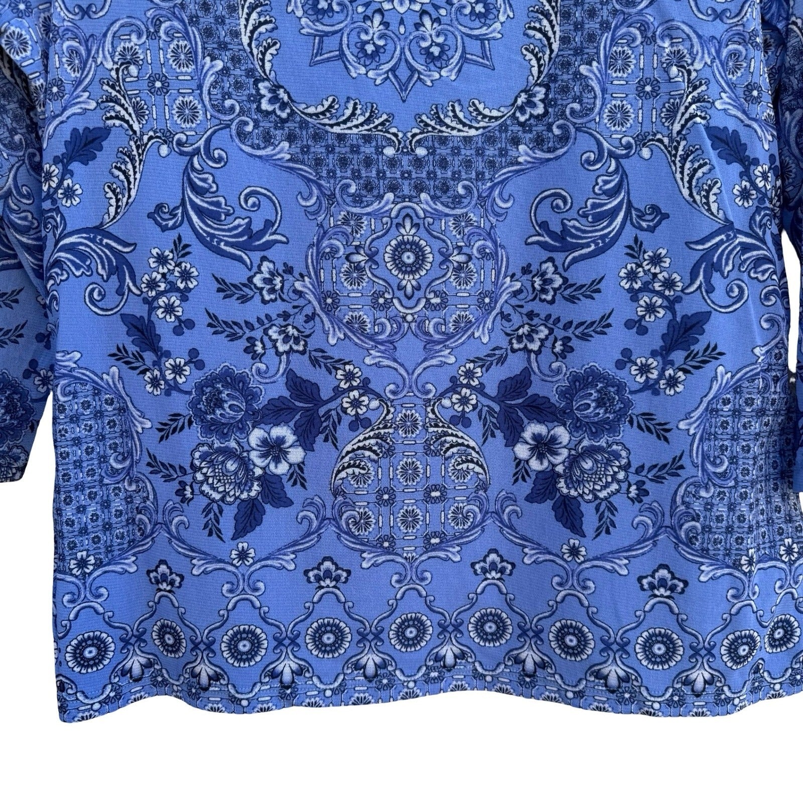 Charter Club Blue Medallion Paisley Mesh 3/4 Sleeve Top PL Boho Preppy Coastal