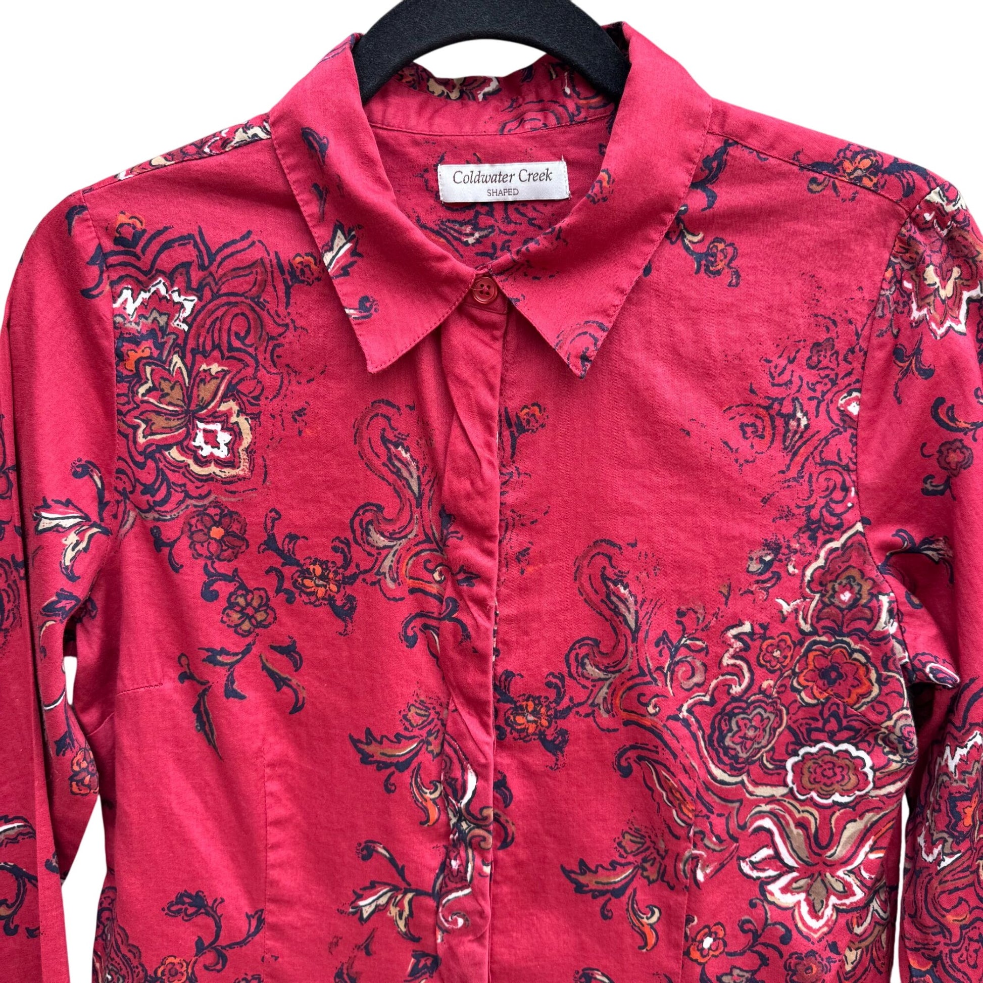 Coldwater Creek Shaped Womens Red Paisley Button-Up Long-Sleeve Shirt Blouse S