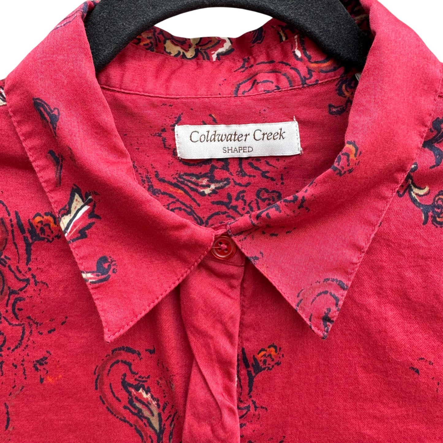 Coldwater Creek Shaped Womens Red Paisley Button-Up Long-Sleeve Shirt Blouse S