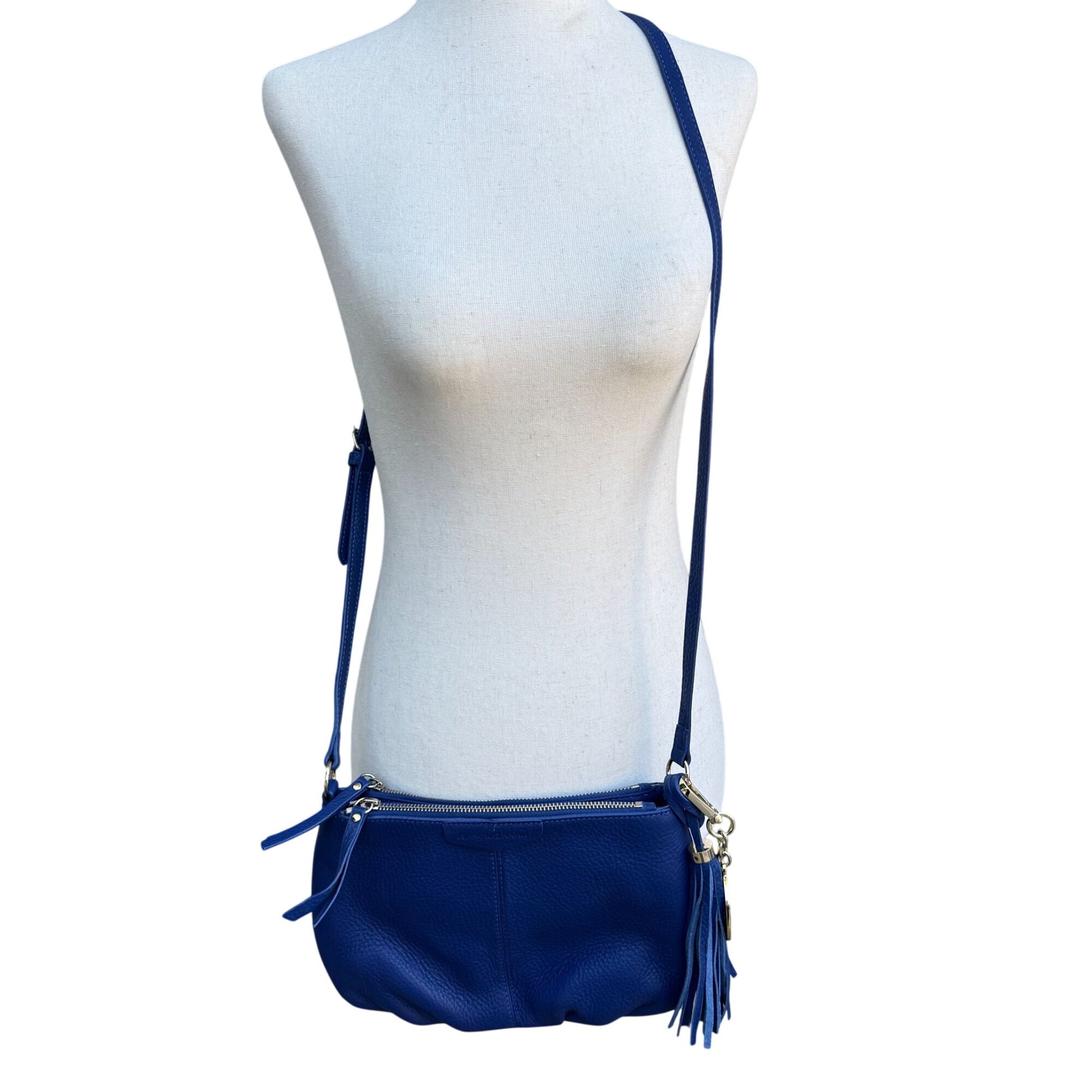 Isaac Mizrahi Crossbody Genuine Leather Bag Blue Tassel Adjustable Strap New