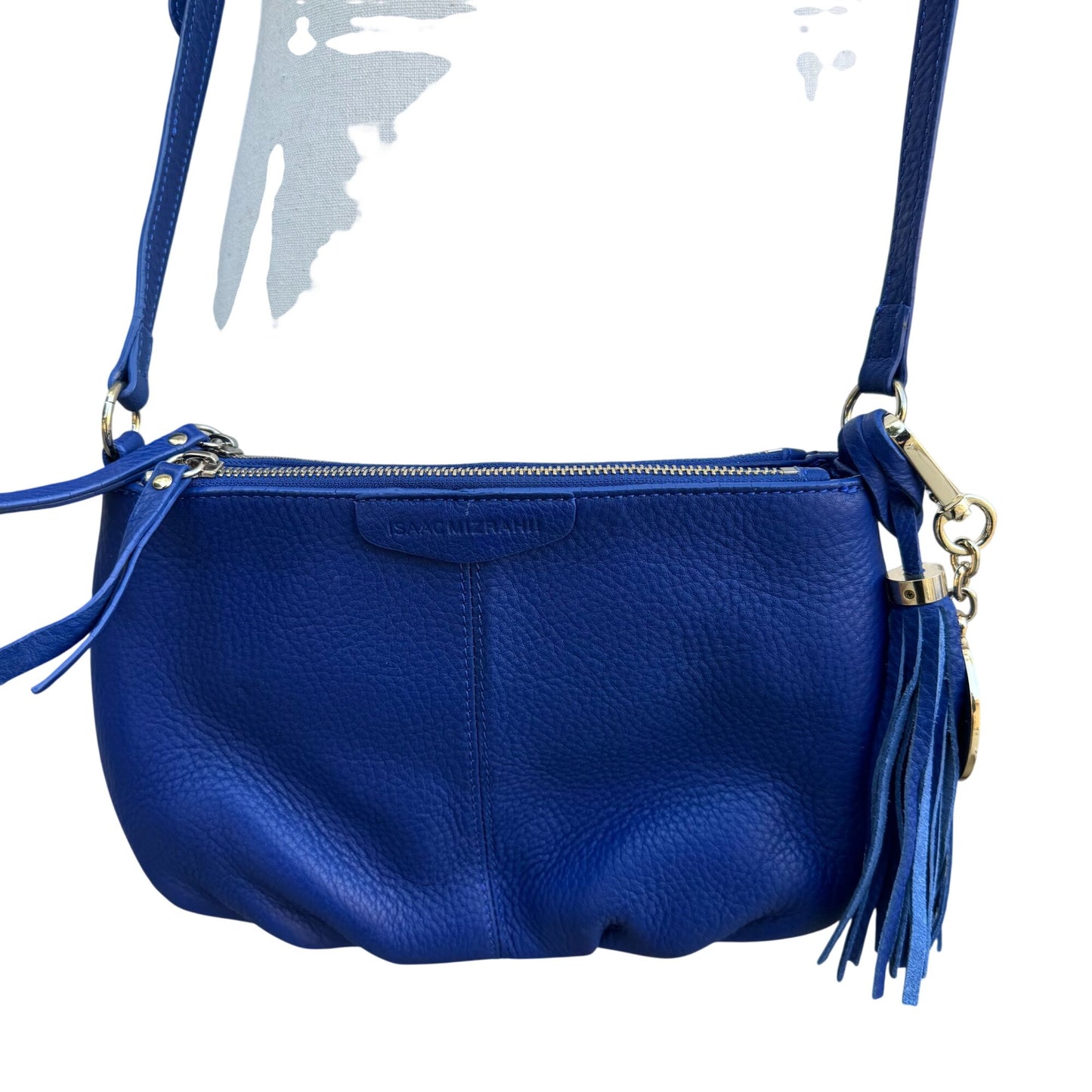 Isaac Mizrahi Crossbody Genuine Leather Bag Blue Tassel Adjustable Strap New