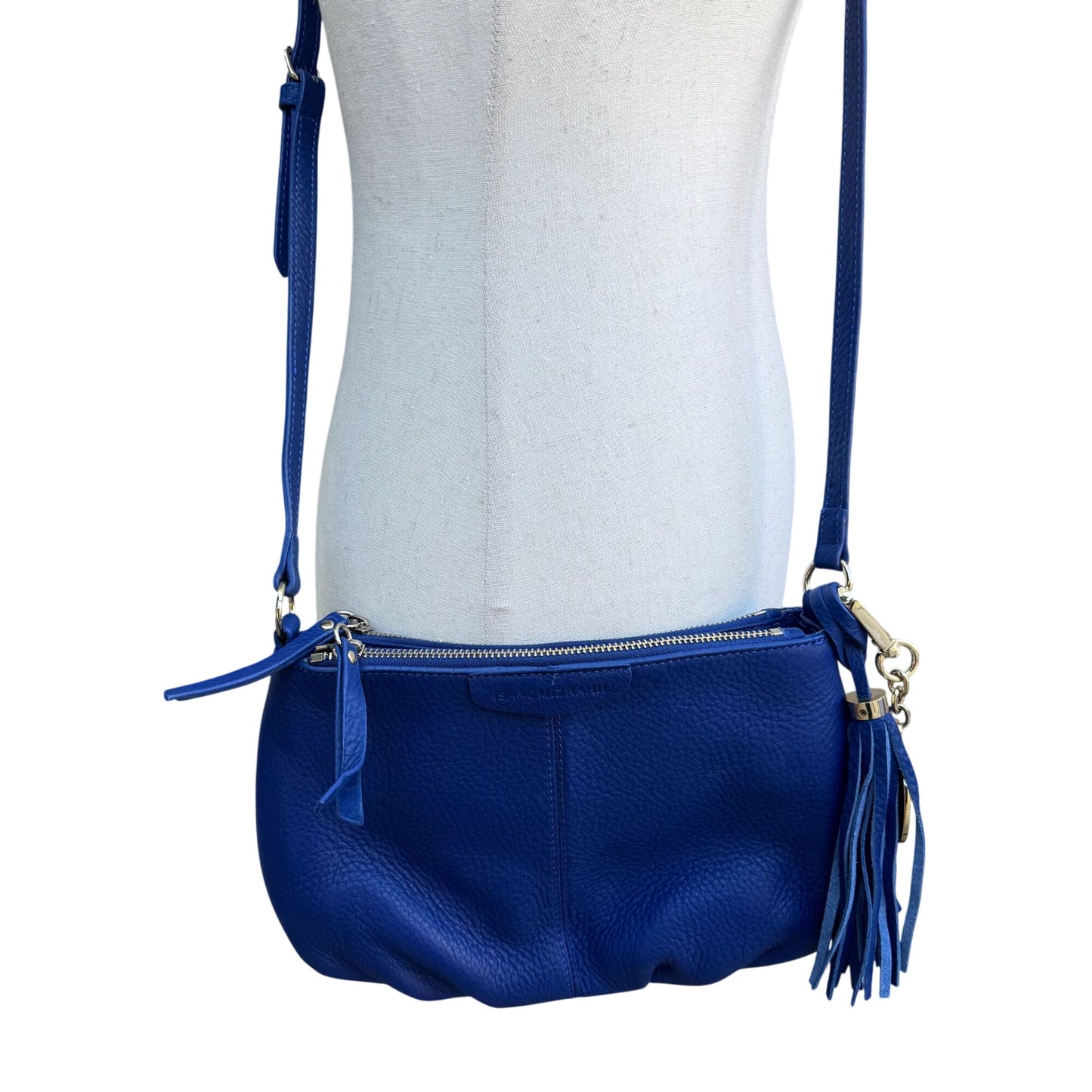 Isaac Mizrahi Crossbody Genuine Leather Bag Blue Tassel Adjustable Strap New