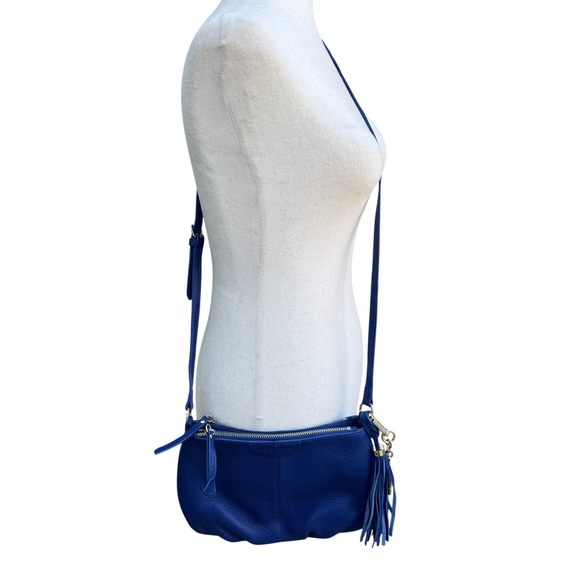 Isaac Mizrahi Crossbody Genuine Leather Bag Blue Tassel Adjustable Strap New
