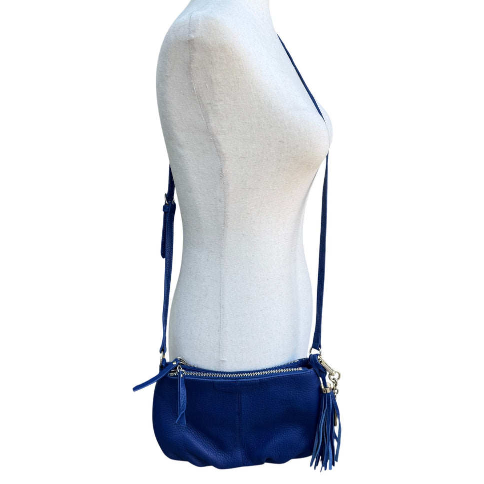 Isaac Mizrahi Crossbody Genuine Leather Bag Blue Tassel Adjustable Strap New