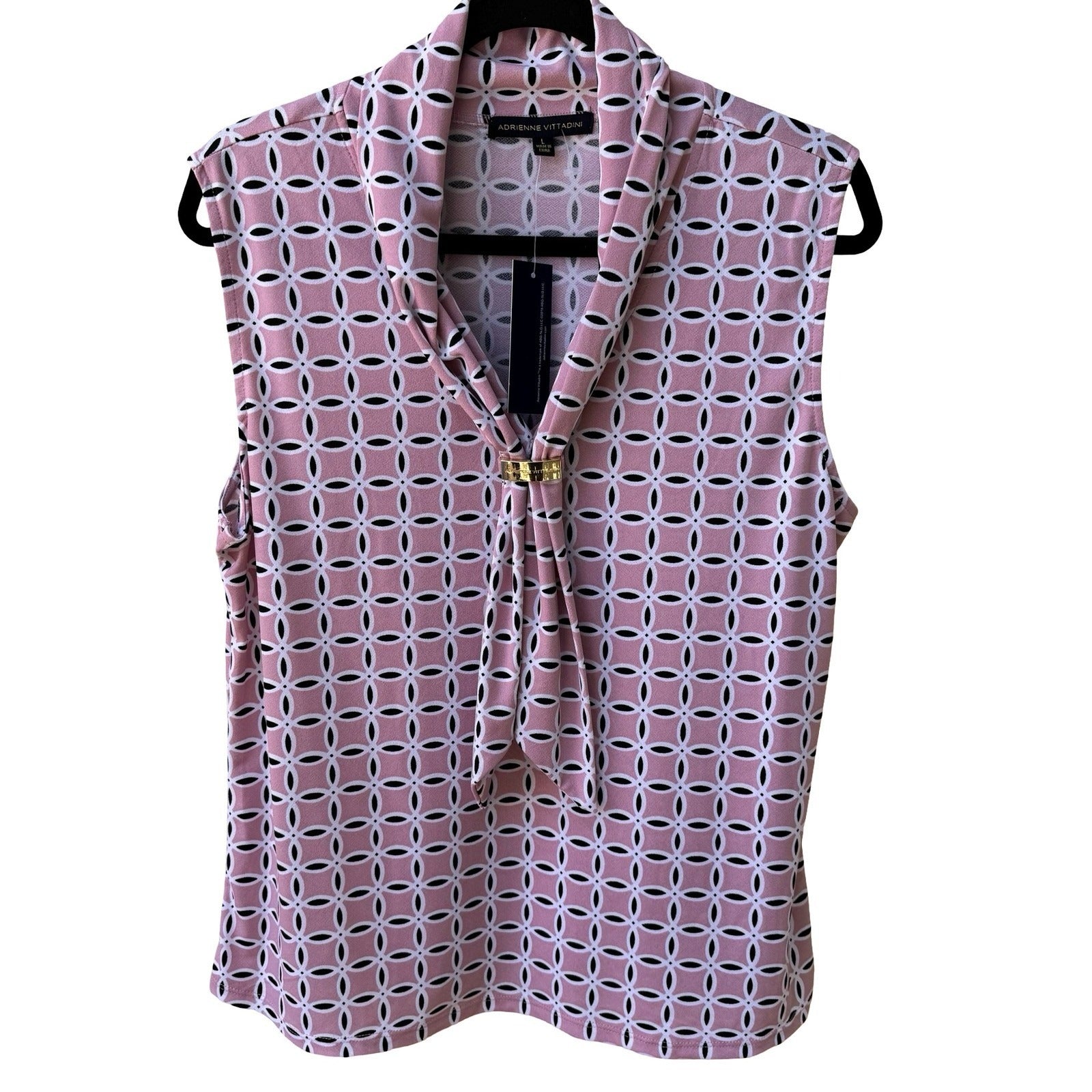 Adrienne Vittadini Professional Mod Geometric Cowl Neck Blouse Pastel Pink L NEW