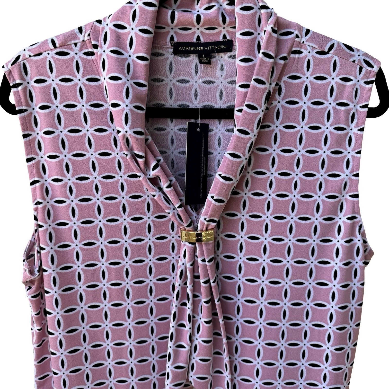 Adrienne Vittadini Professional Mod Geometric Cowl Neck Blouse Pastel Pink L NEW