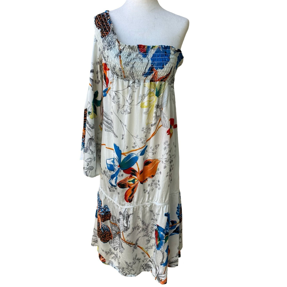 Voom Joy Han Resortwear Boho One Shoulder Tropical Floral Smocked Midi Dress S
