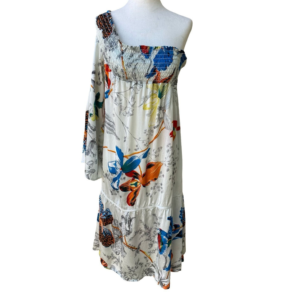 Voom Joy Han Resortwear Boho One Shoulder Tropical Floral Smocked Midi Dress S
