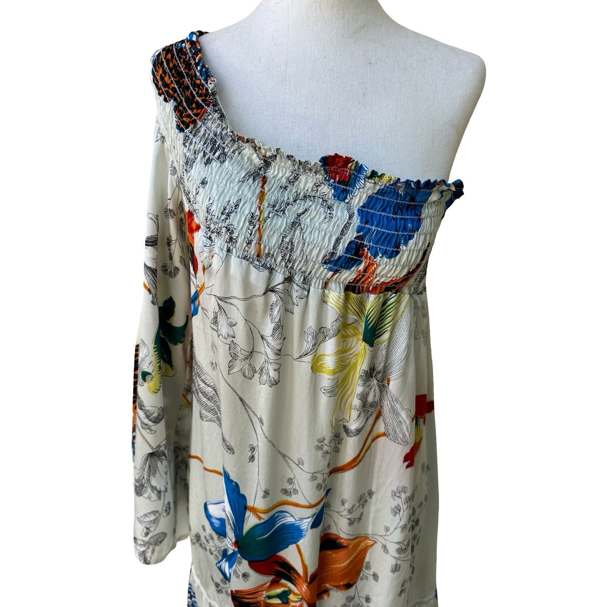 Voom Joy Han Resortwear Boho One Shoulder Tropical Floral Smocked Midi Dress S