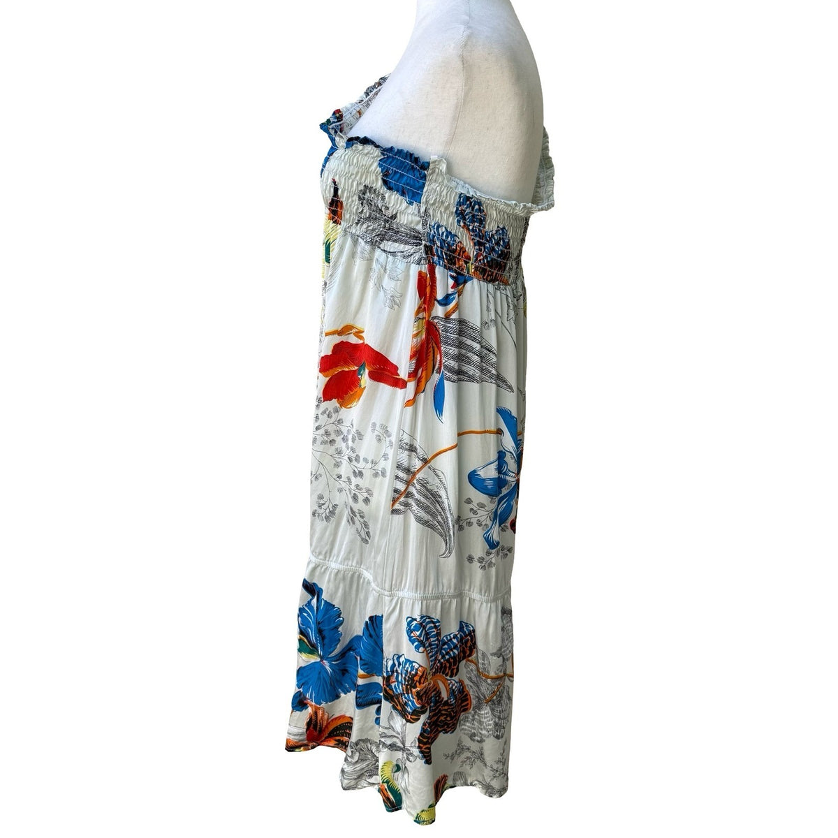 Voom Joy Han Resortwear Boho One Shoulder Tropical Floral Smocked Midi Dress S
