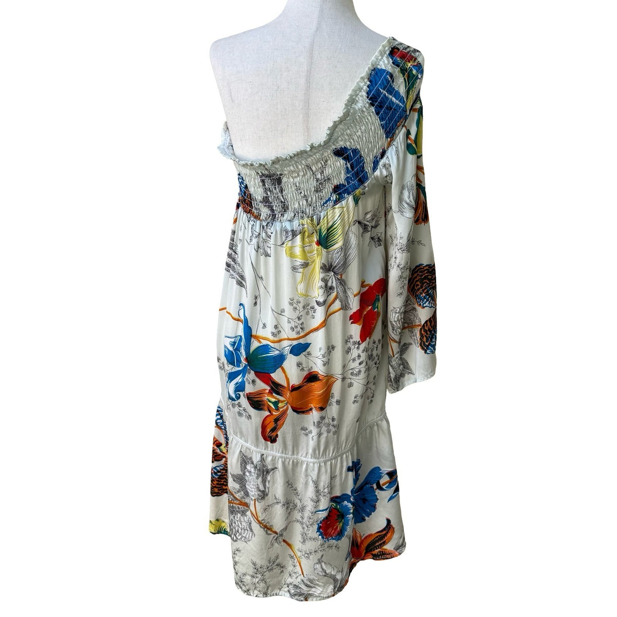 Voom Joy Han Resortwear Boho One Shoulder Tropical Floral Smocked Midi Dress S