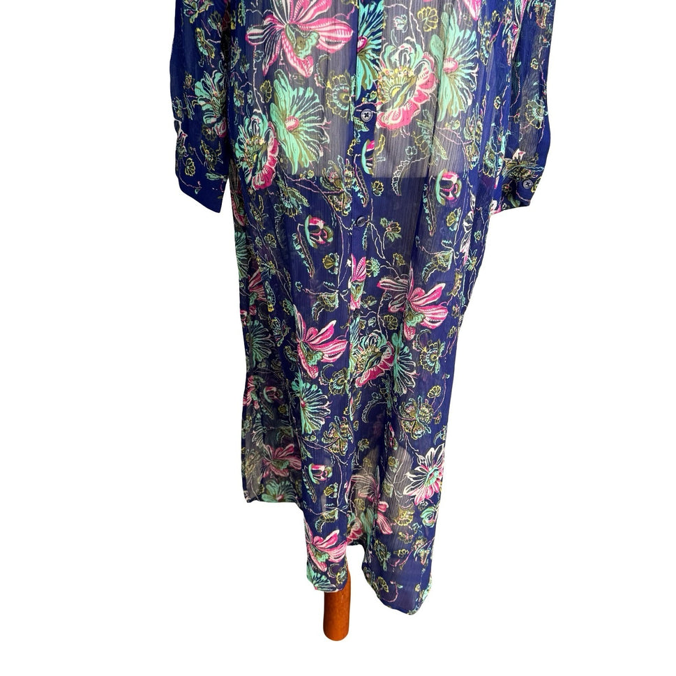 C Wonder Boho Coastal Resorwear Whimsigoth Floral Sheer Maxi Shirt Dress 12P