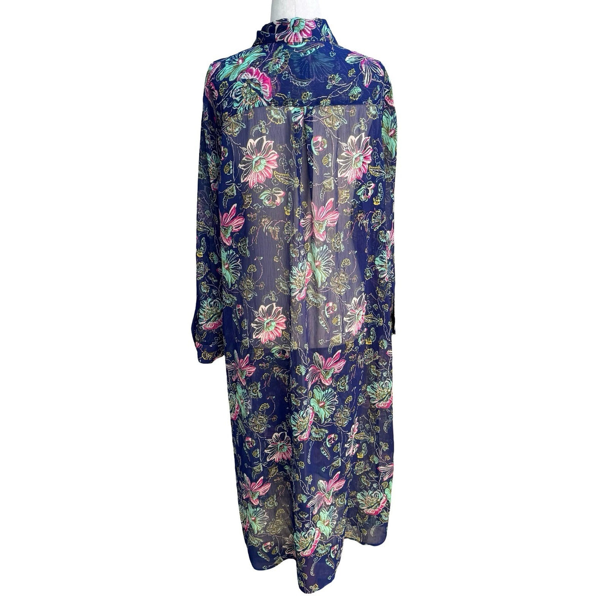 C Wonder Boho Coastal Resorwear Whimsigoth Floral Sheer Maxi Shirt Dress 12P