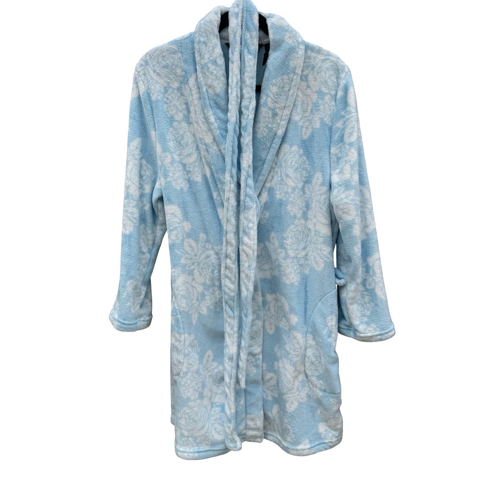 Noire Jasmine Rose Blue Floral Plush Fleece Robe Shawl Collar Large Loungewear