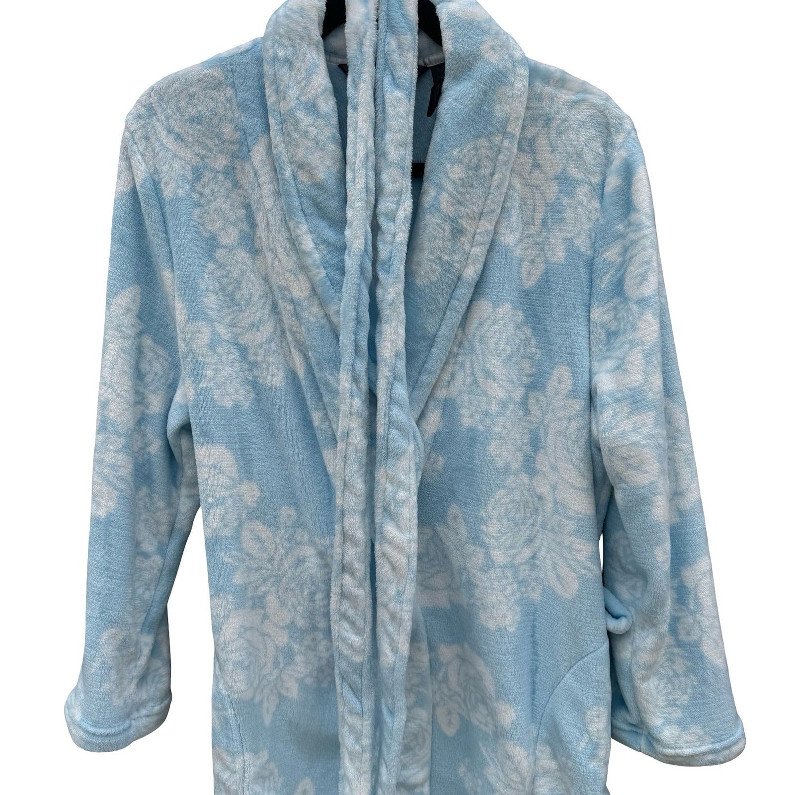 Noire Jasmine Rose Blue Floral Plush Fleece Robe Shawl Collar Large Loungewear
