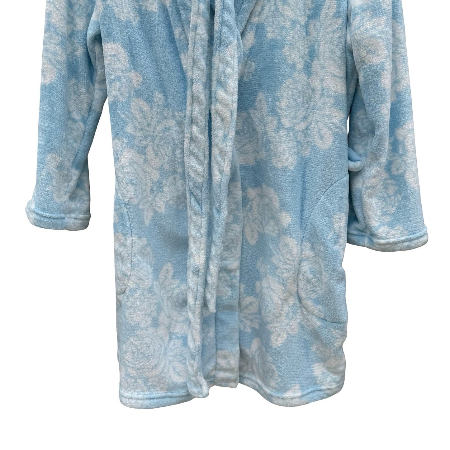 Noire Jasmine Rose Blue Floral Plush Fleece Robe Shawl Collar Large Loungewear
