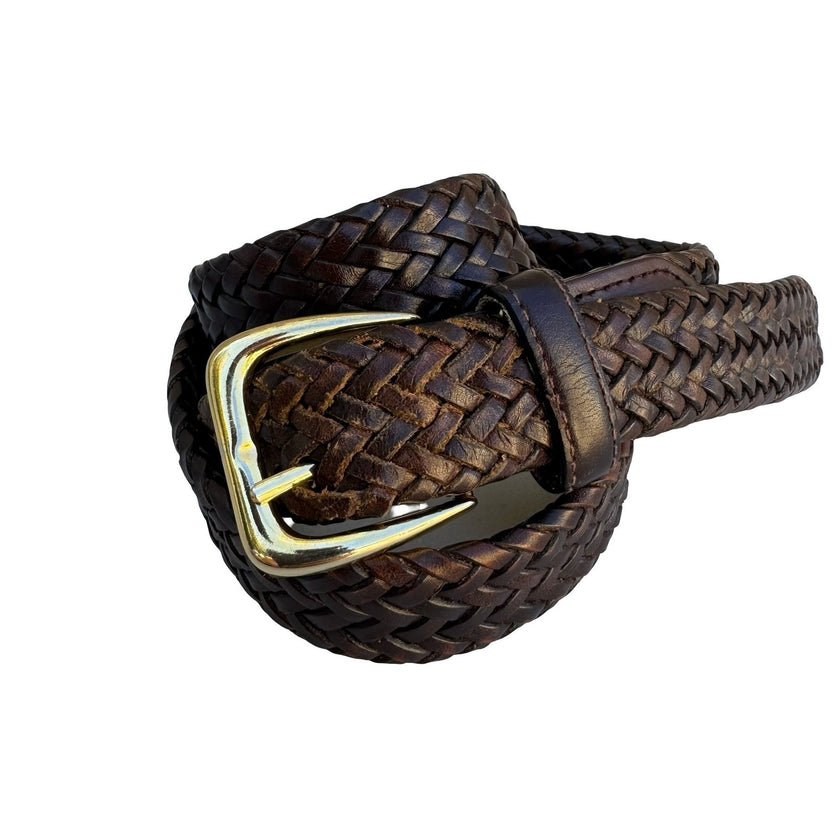 Vintage Mens Dark Brown Braided Woven Leather Belt Gold Tone Buckle Size 32 80