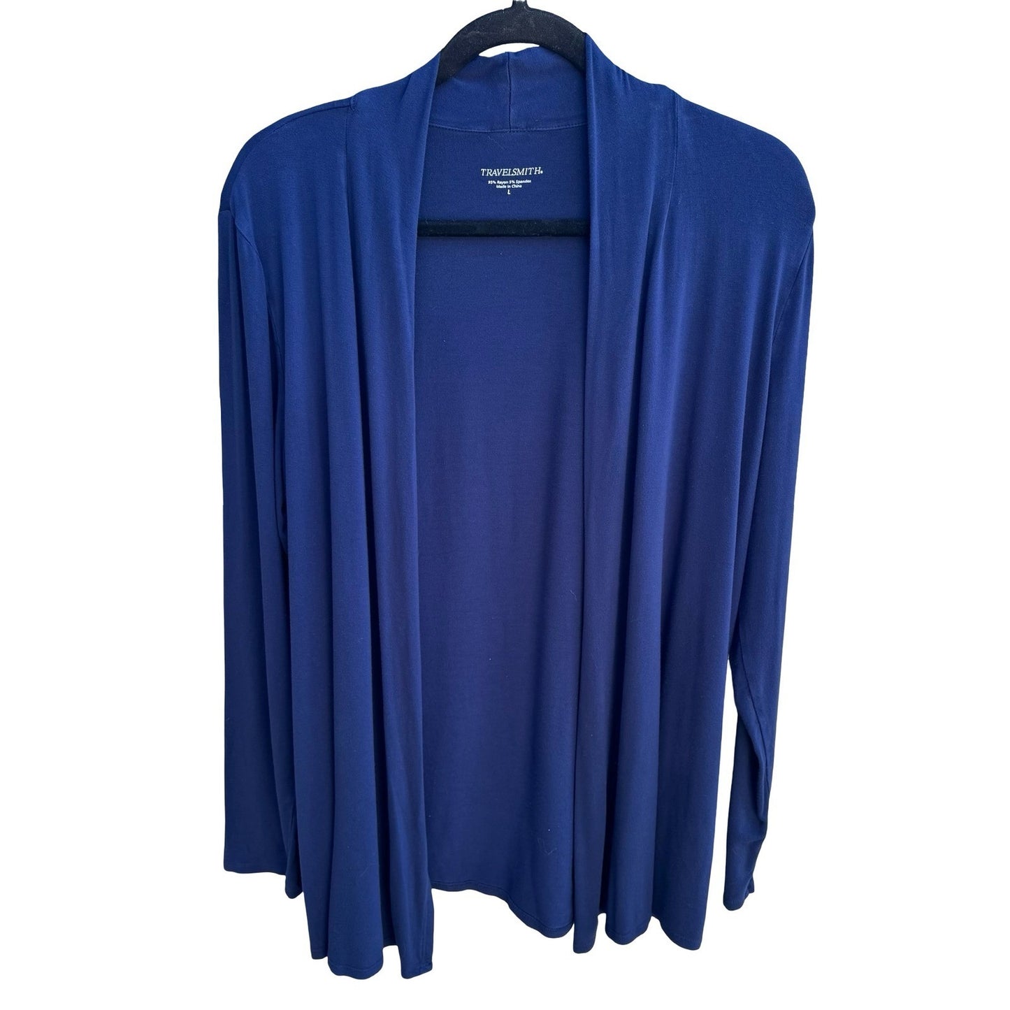 TravelSmith Minmalist Layering Open Front Draped Cardigan Shawl Collar Blue L