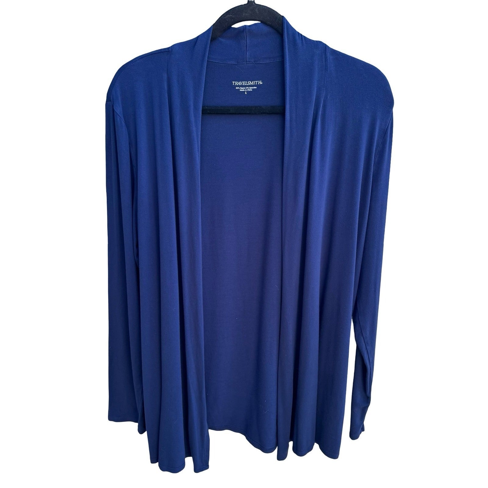 TravelSmith Minmalist Layering Open Front Draped Cardigan Shawl Collar Blue L