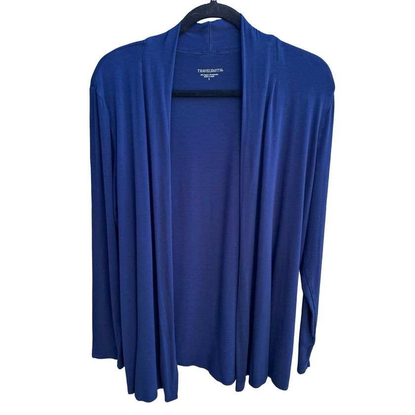 TravelSmith Minmalist Layering Open Front Draped Cardigan Shawl Collar Blue L