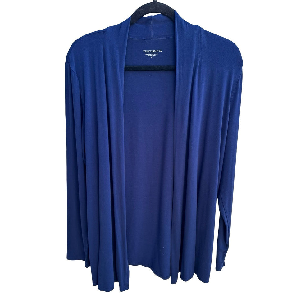 TravelSmith Minmalist Layering Open Front Draped Cardigan Shawl Collar Blue L