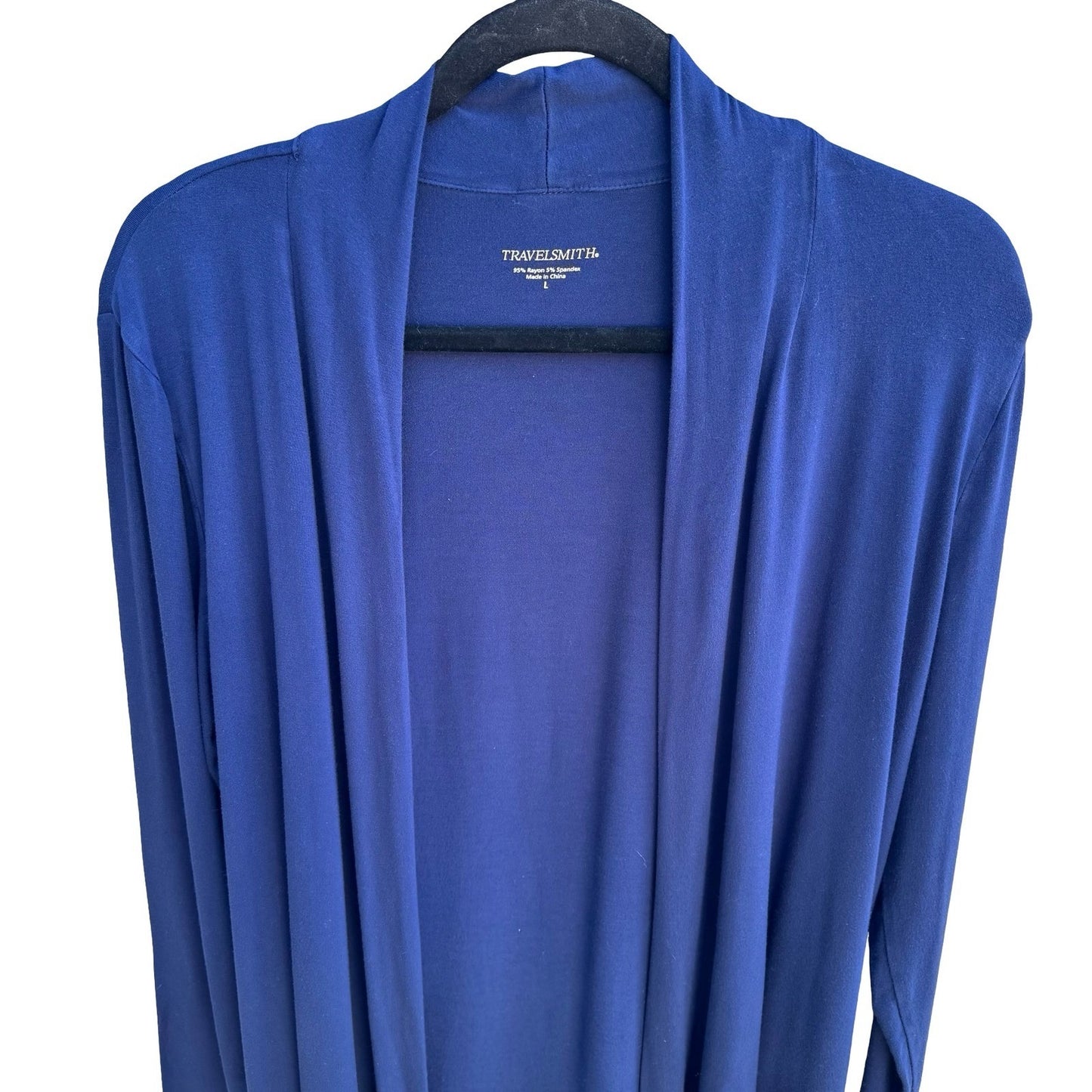 TravelSmith Minmalist Layering Open Front Draped Cardigan Shawl Collar Blue L