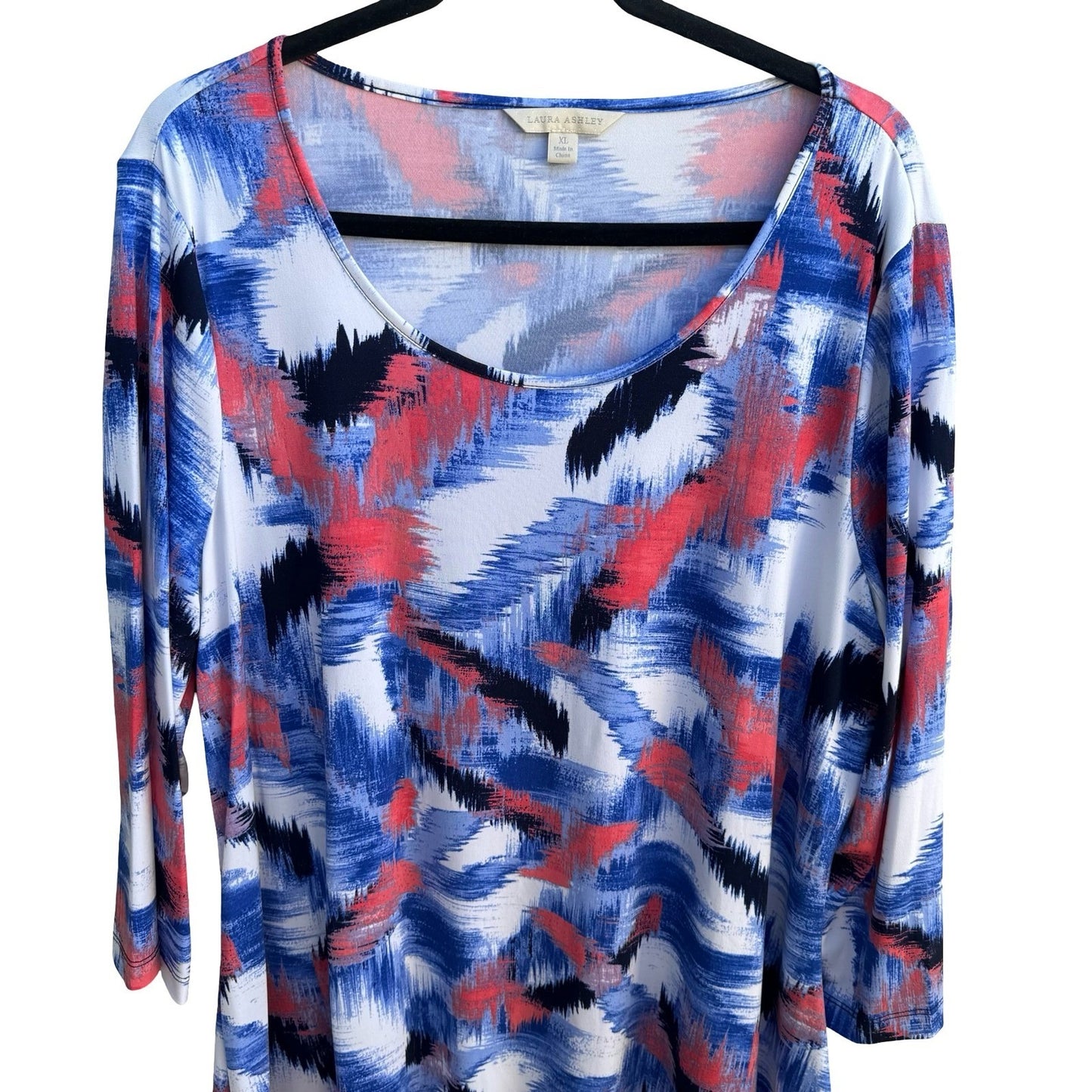 Laura Ashley Abstract Art To Wear Sharkbite Hem 3/4 Sleeve Tunic Top Blue XL