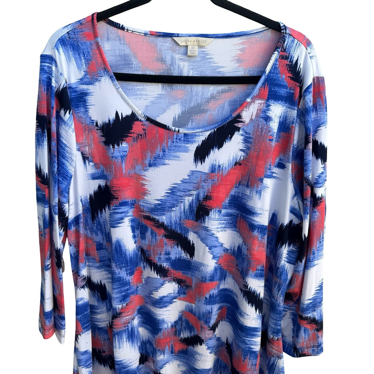 Laura Ashley Abstract Art To Wear Sharkbite Hem 3/4 Sleeve Tunic Top Blue XL
