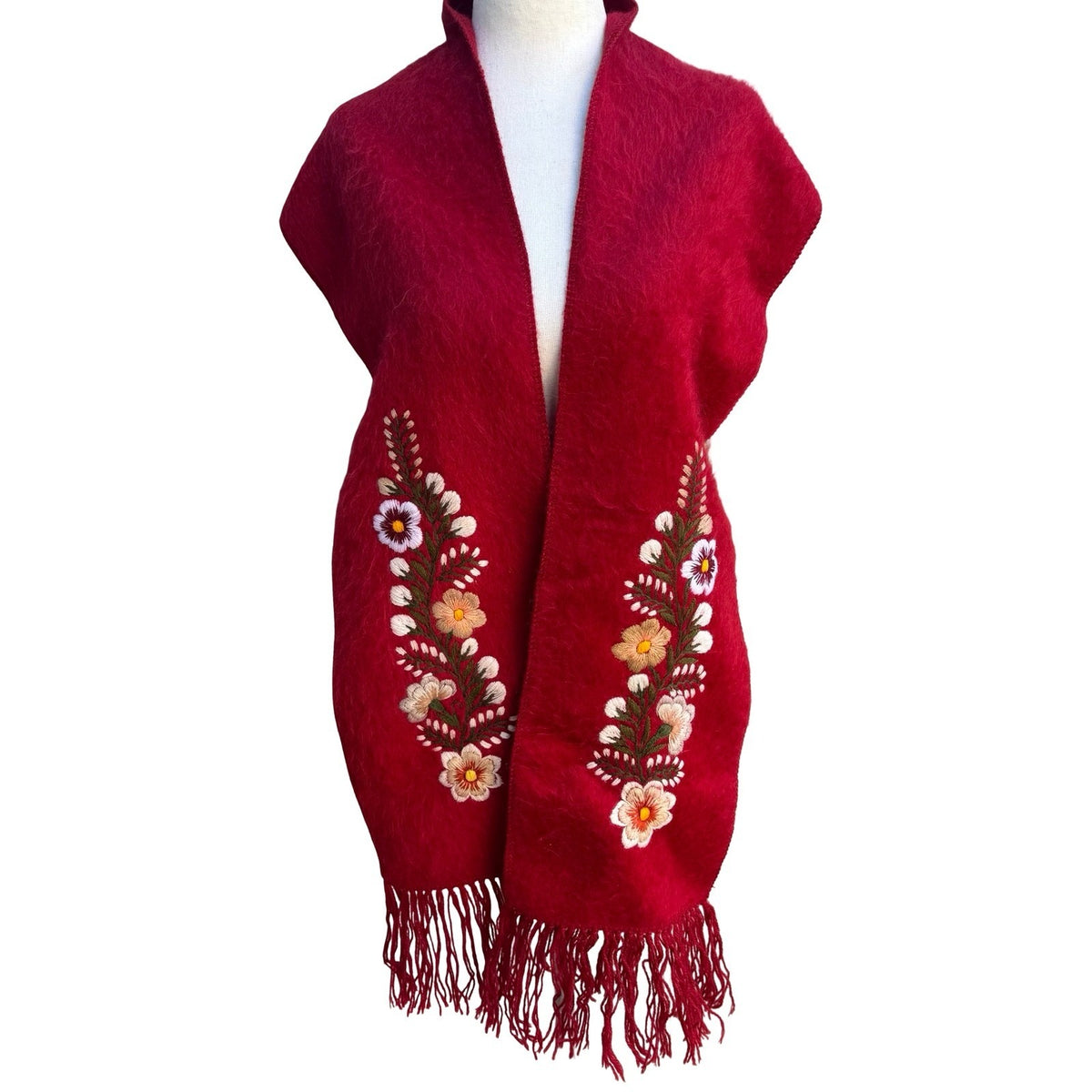 Camargo Peruvian Alpaca Wool Boho Folk Art Floral Embroidered Scarf Wrap Red OS
