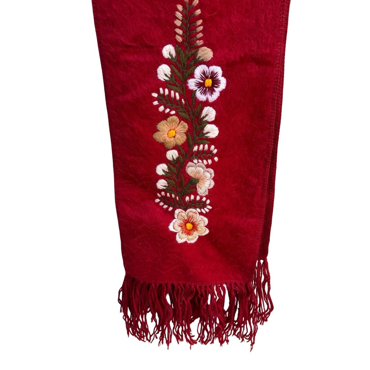 Camargo Peruvian Alpaca Wool Boho Folk Art Floral Embroidered Scarf Wrap Red OS