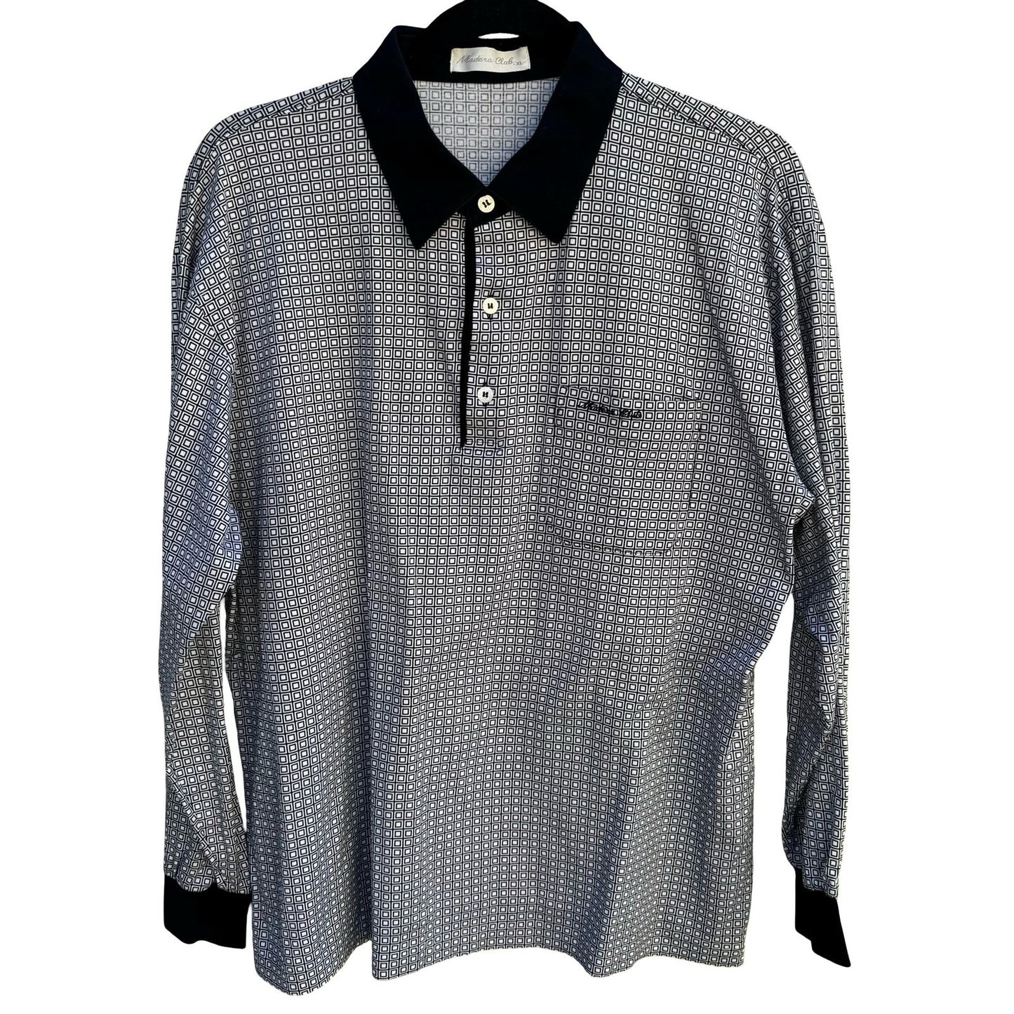 Madera Club Vintage Mens L Long Sleeve Polo Shirt Black White Geometric Print